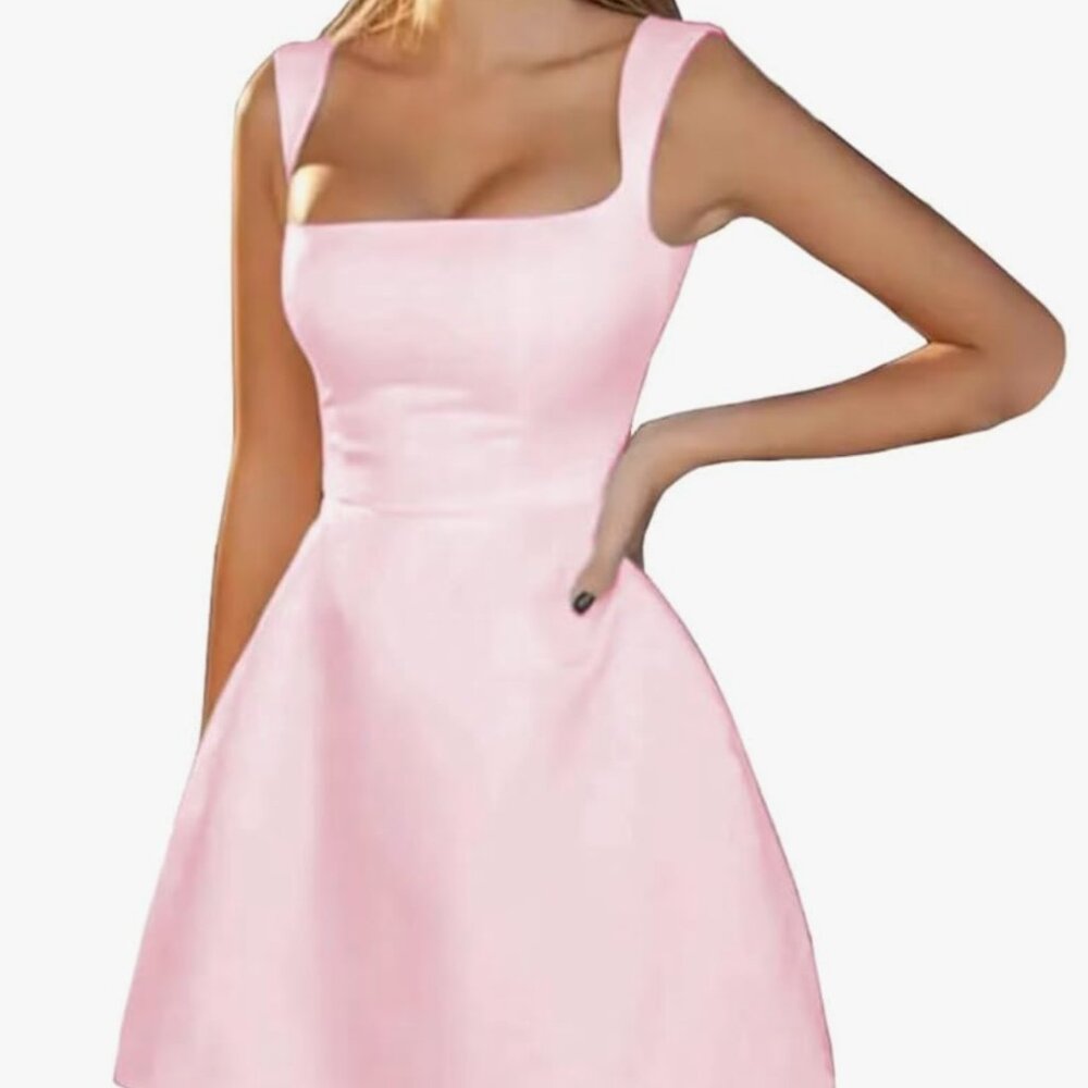 Pink Satin Party Dress with Lace Up back